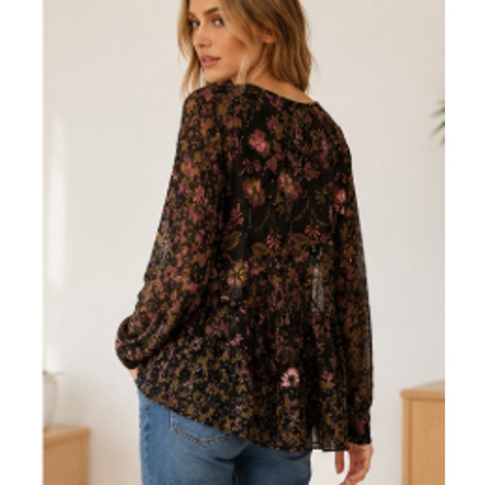 Free People Boho Floral Babydoll Tunic Top Black Pink XS Long Sleeve V Neck - Picture 2 of 6